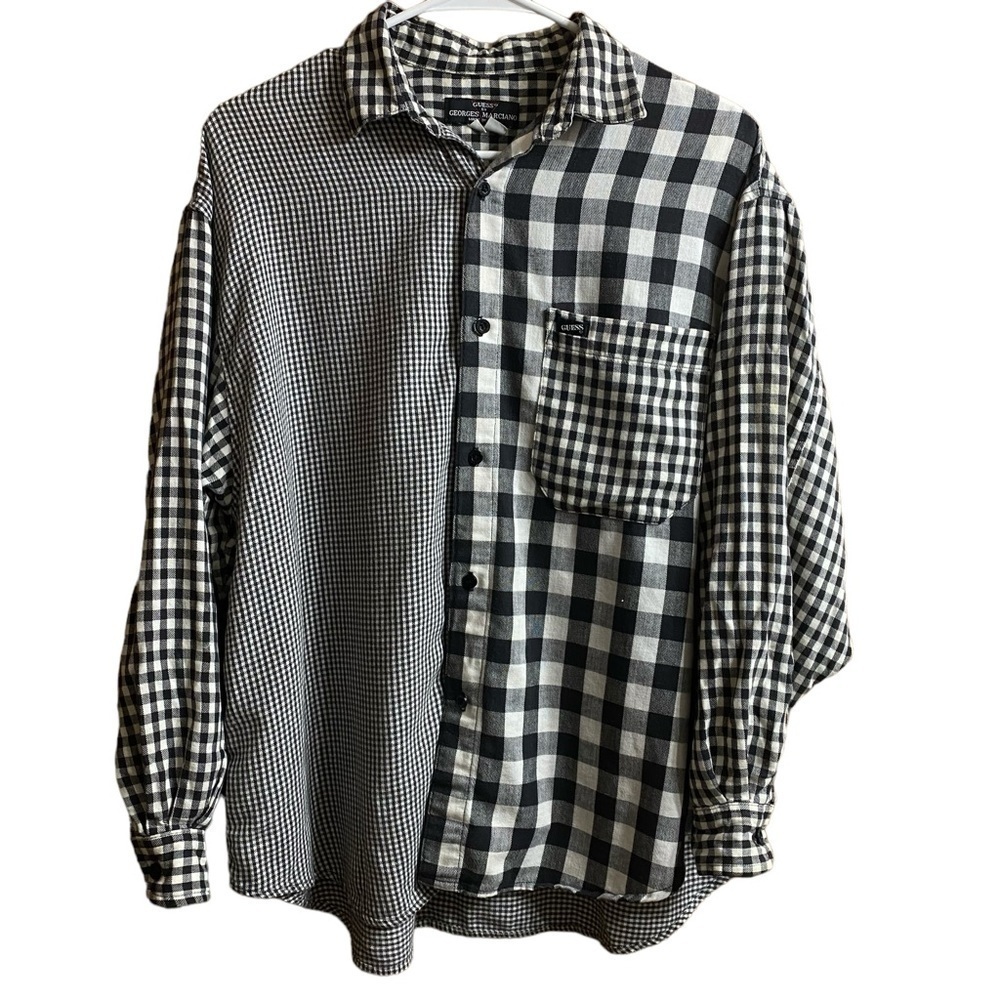 VTG Guess by Georges Marciano Black White Gingham Color Block Button Down Size M